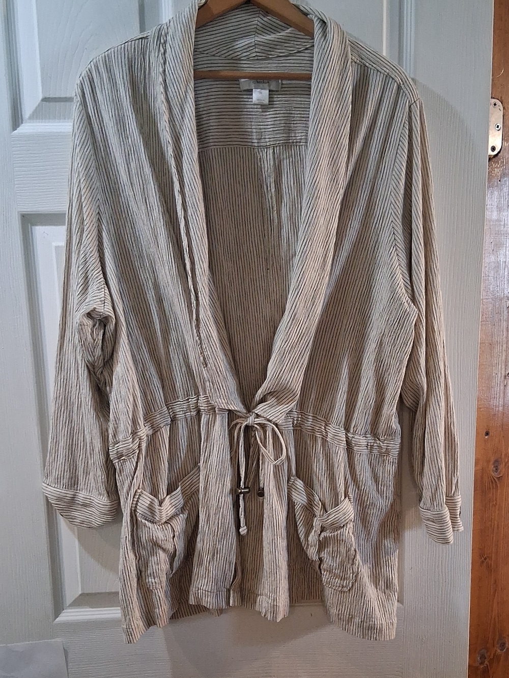 CJ Banks Women's Striped Open Front Cardigan Jacket in Cream and Black